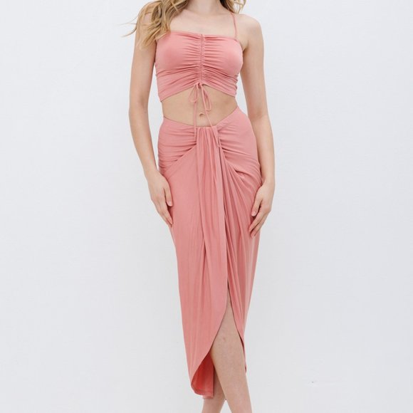 New 2 Piece set - Boho Dusty Peach Cinch Crop Top and Skirt set - Picture 6 of 8